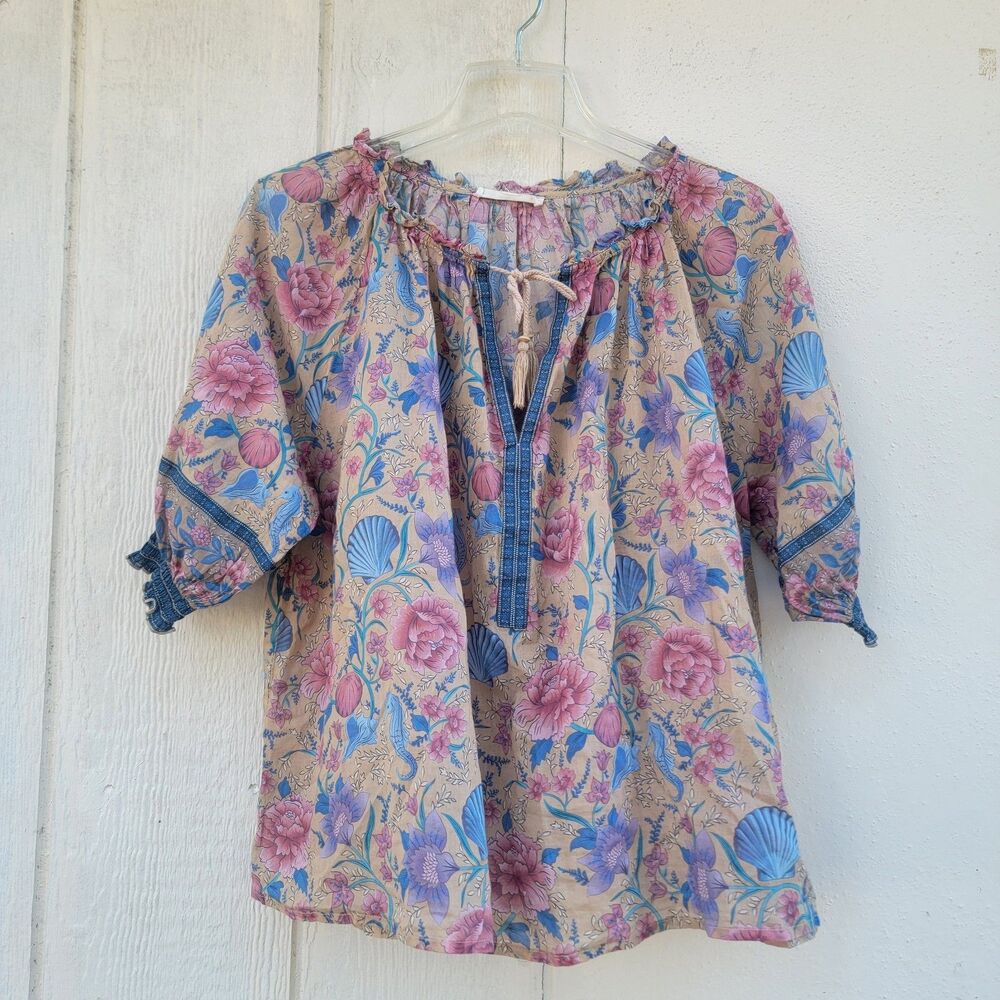 Spell & The Gypsy Collective Seashell Top Sz S Tie Neck Short Sleeve Boho Beachy